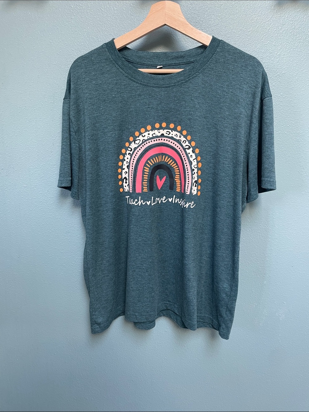 Teach Love Inspire Rainbow Teacher T-Shirt | XL | Teal Green | Boho Graphic